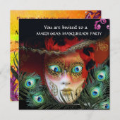 金ゴールドの赤いマスク、孔雀の羽の仮装パーティー、 招待状 (正面/裏面)