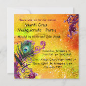 金ゴールドの赤いマスク、孔雀の羽の仮装パーティー、 招待状 (裏面)