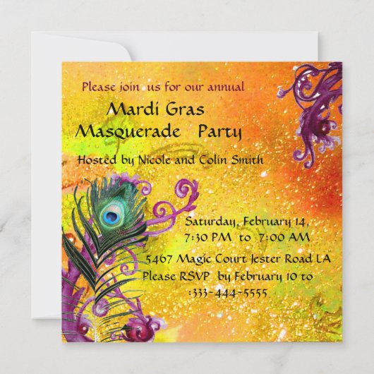 金ゴールドの赤いマスク、孔雀の羽の仮装パーティー、 招待状 (裏面)