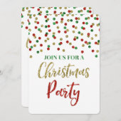 金ゴールドの赤い緑のグリッターの紙吹雪のクリスマス・パーティ 招待状 (正面/裏面)