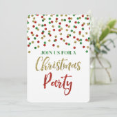 金ゴールドの赤い緑のグリッターの紙吹雪のクリスマス・パーティ 招待状 (スタンド正面)