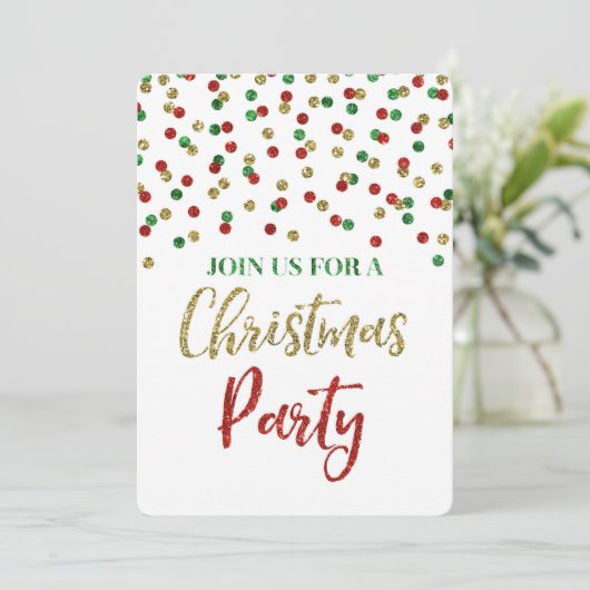 金ゴールドの赤い緑のグリッターの紙吹雪のクリスマス・パーティ 招待状 (スタンド正面)