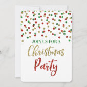 金ゴールドの赤い緑のグリッターの紙吹雪のクリスマス・パーティ 招待状 (正面)