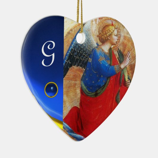 金ゴールドの赤くおよび青のハートの宝石用原石のモノグラムの天使 セラミックオーナメント (右)