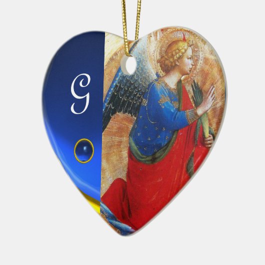金ゴールドの赤くおよび青のハートの宝石用原石のモノグラムの天使 セラミックオーナメント (左)