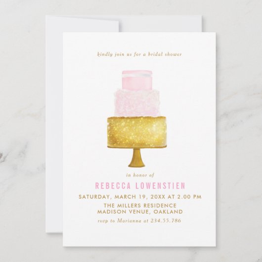 金ゴールドの赤面のピンクのウエディングケーキのブライダルシャワー 招待状 (正面)