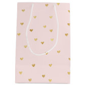 金ゴールドの赤面のピンクの小さいハート ミディアムペーパーバッグ (裏面)