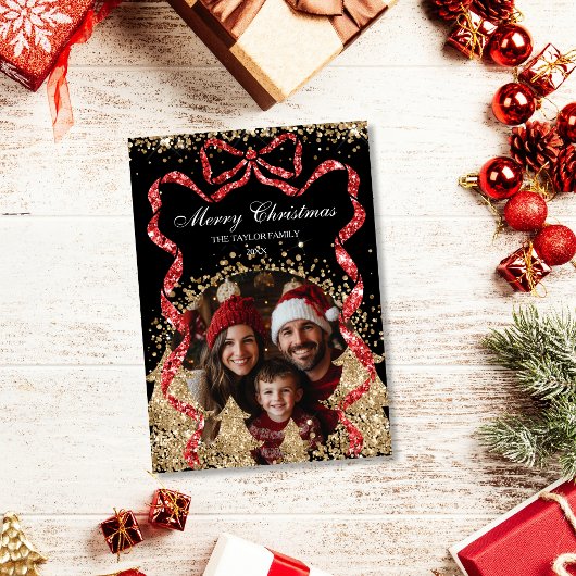 金ゴールドの輝エレガントきリボンクリスマスツリーの写真 招待状