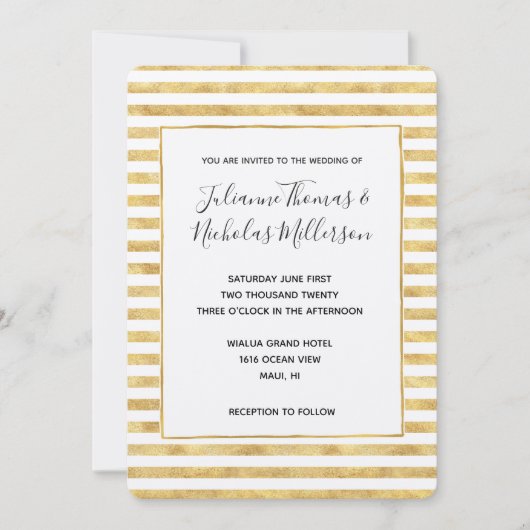金ゴールドの輝ストライプかしい結婚式 招待状 (正面)
