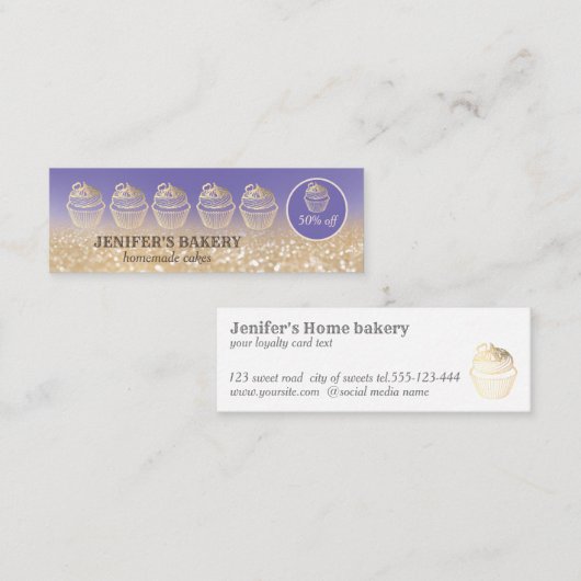 金ゴールドの輝モダンかしいカップケーキ自家製ベーカリー スキニー名刺 (正面/裏面)