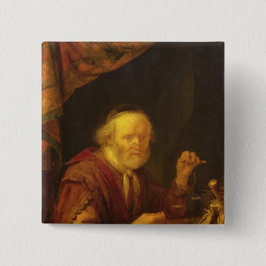 金ゴールドの重量を量ること 缶バッジ (正面)