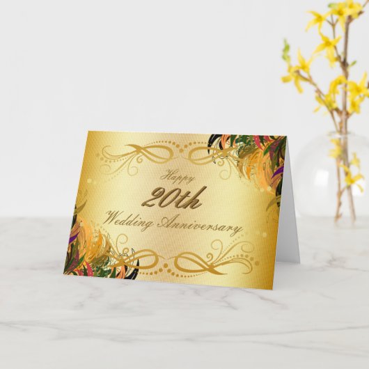 金ゴールドの金属の花の幸せな第20結婚記念日 カード (黄色い花)