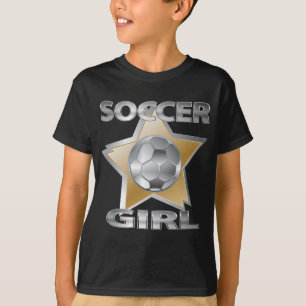 金ゴールドの銀製の効果のサッカーの女の子の星のデザイン Tシャツ