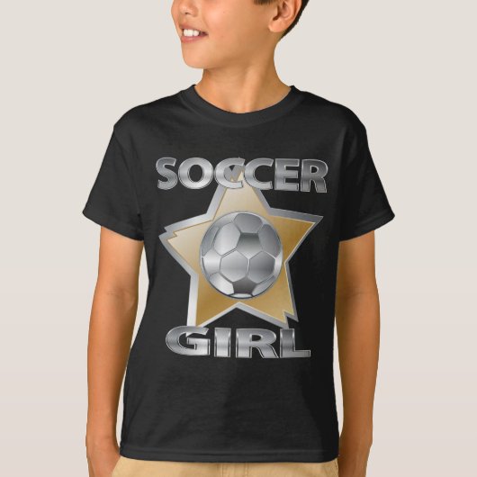 金ゴールドの銀製の効果のサッカーの女の子の星のデザイン Tシャツ (正面)