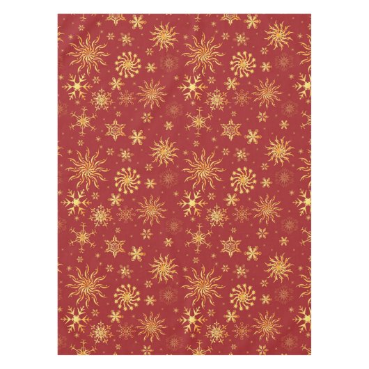 金ゴールドの雪が濃い赤のクリスマス テーブルクロス (正面)