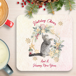 金ゴールドの雪が緑にかわいい猫おもしろいのクリスマス スクエアペーパーコースター