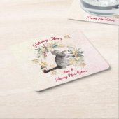 金ゴールドの雪が緑にかわいい猫おもしろいのクリスマス スクエアペーパーコースター (アングル)