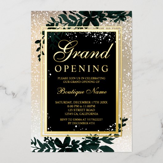 金ゴールドの雪のエレガントクリスマスグランドオープン 箔招待状 (正面)