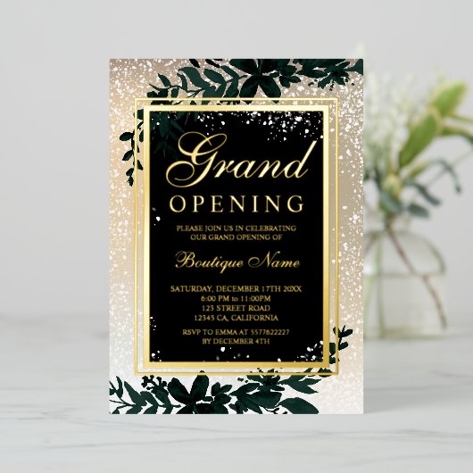 金ゴールドの雪のエレガントクリスマスグランドオープン 箔招待状 (立ち正面)