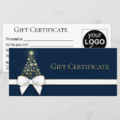 金ゴールドの雪のクリスマスツリーボウブルーギフトカード (正面/裏面)