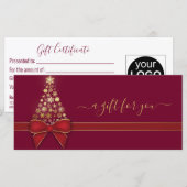 金ゴールドの雪のクリスマスツリーレッドボウギフトカード (正面/裏面)