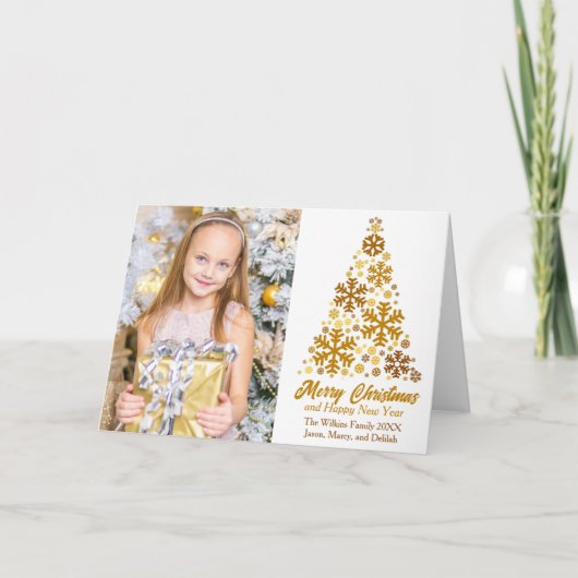 金ゴールドの雪のクリスマスツリー家族の写真を折り畳み シーズンカード (正面)