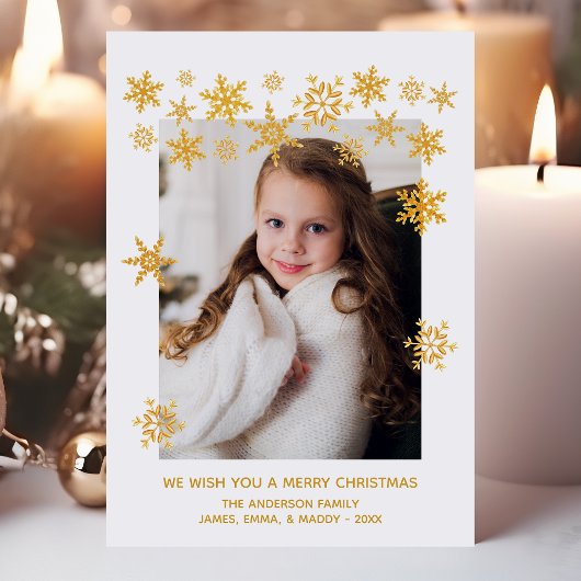 金ゴールドの雪の白いクリスマスフォトカード