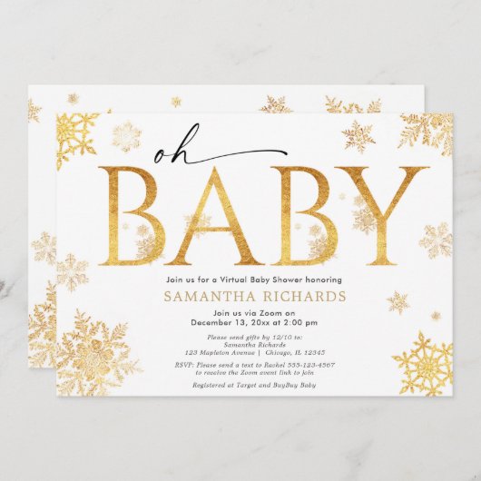 金ゴールドの雪の結晶の仮想ベビーシャワー男女兼用 招待状 (正面/裏面)