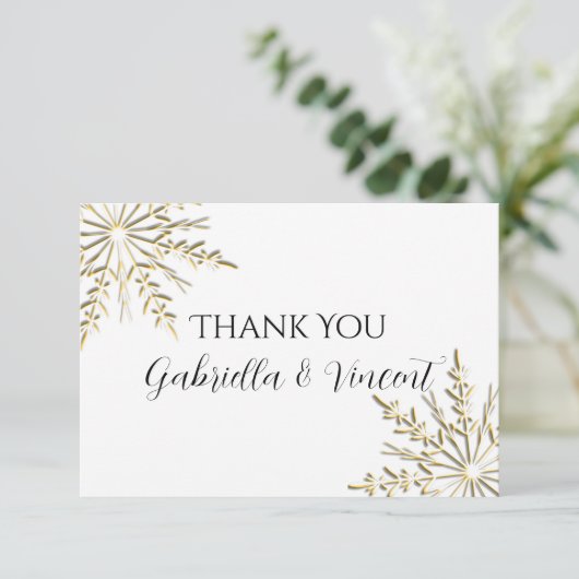 金ゴールドの雪の結晶の冬の結婚式ありがとう サンキューカード (スタンド正面)