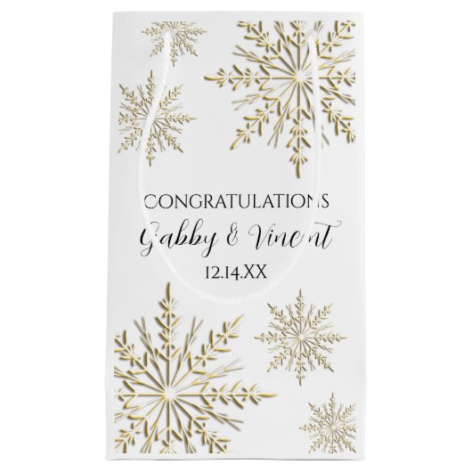 金ゴールドの雪の結晶の冬の結婚式 スモールペーパーバッグ (正面)
