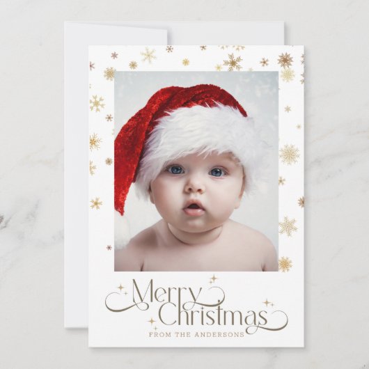 金ゴールドの雪の結晶の白い背景クリスマスフォト シーズンカード (正面)