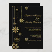 金ゴールドの雪の結晶の黒い冬の結婚式 招待状 (正面/裏面)