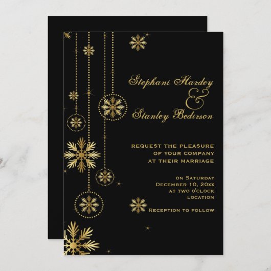 金ゴールドの雪の結晶の黒い冬の結婚式 招待状 (正面/裏面)