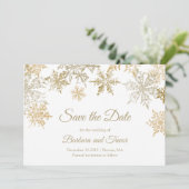 金ゴールドの雪の結晶クリスマステーマ冬の結婚式 セーブザデート (スタンド正面)