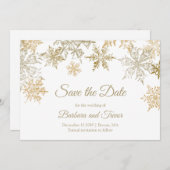 金ゴールドの雪の結晶クリスマステーマ冬の結婚式 セーブザデート (正面/裏面)