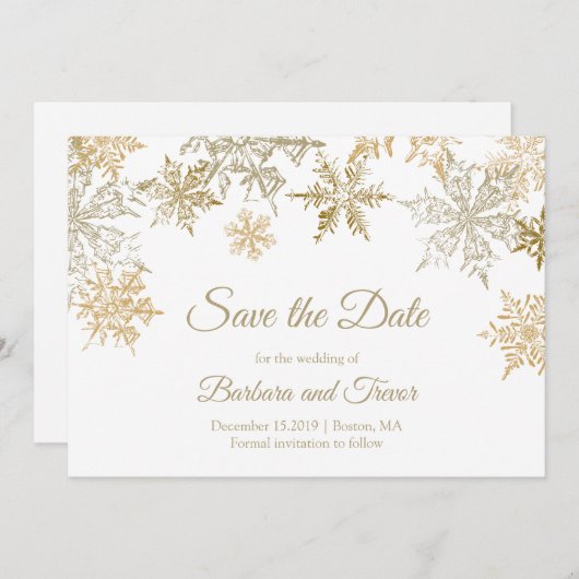 金ゴールドの雪の結晶クリスマステーマ冬の結婚式 セーブザデート (正面/裏面)