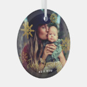 金ゴールドの雪の結晶初めてのクリスマスをママ写真として ガラスオーナメント (正面右)