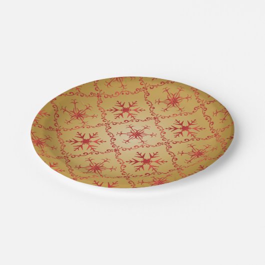 金ゴールドの雪の赤いパターンのクリスマス ペーパープレート (アングル)