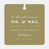 金ゴールドの雪モダン片フレ結婚ームホリデーの写真 メタルオーナメント (裏面)