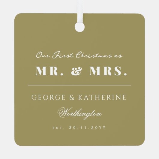 金ゴールドの雪モダン片フレ結婚ームホリデーの写真 メタルオーナメント (裏面)