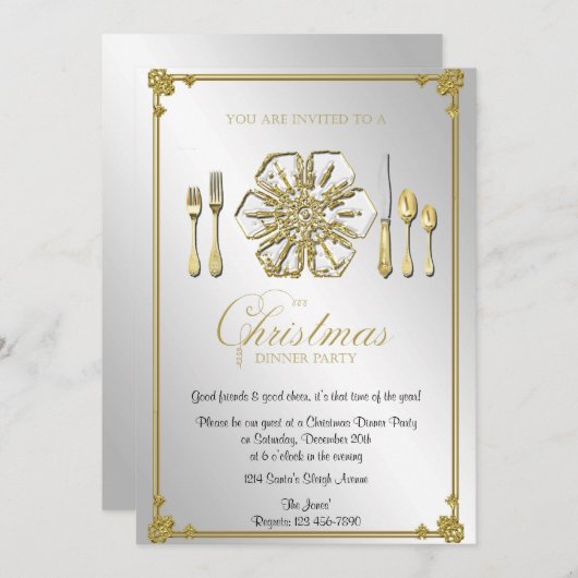 金ゴールドの雪片のクリスマスのディナー・パーティ 招待状 (正面/裏面)