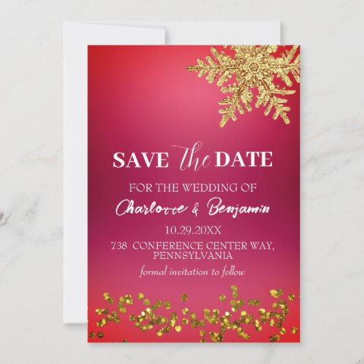 金ゴールドの雪片の冬の結婚式の日付を保存 セーブザデート (正面)