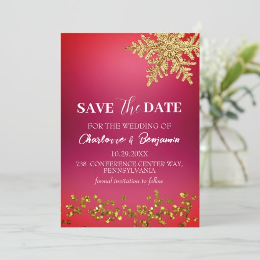金ゴールドの雪片の冬の結婚式の日付を保存 セーブザデート (スタンド正面)