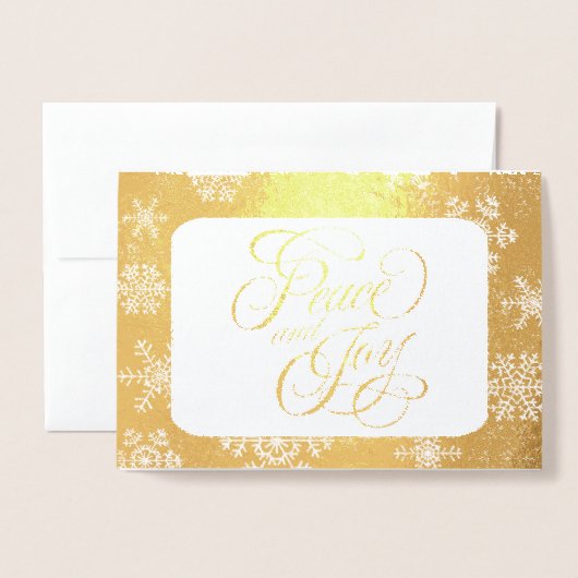 金ゴールドの雪片の平和と喜びの写真 箔カード (封筒付き正面)