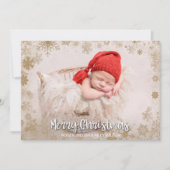 金ゴールドの雪片クリスマス写真の誕生のお知らせ シーズンカード (正面)