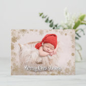 金ゴールドの雪片クリスマス写真の誕生のお知らせ シーズンカード (スタンド正面)