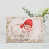 金ゴールドの雪片クリスマス写真の誕生のお知らせ シーズンカード (スタンド正面)