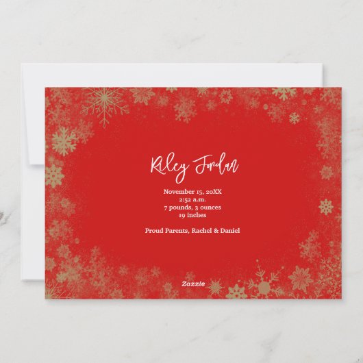 金ゴールドの雪片クリスマス写真の誕生のお知らせ シーズンカード (裏面)