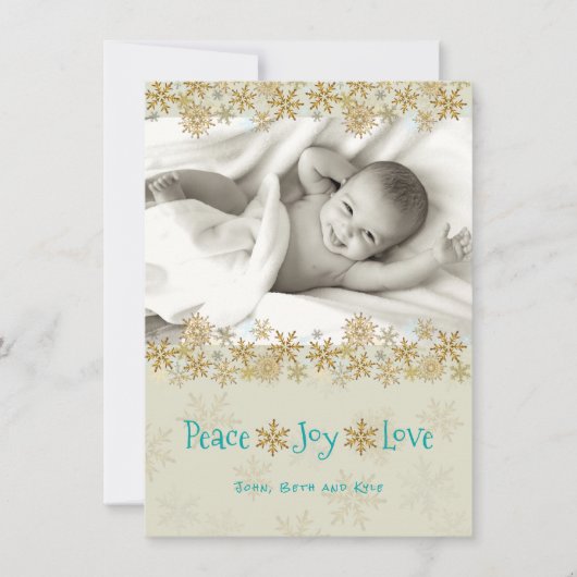 金ゴールドの雪片フォトクリスマスフラットカード シーズンカード (正面)