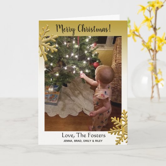 金ゴールドの雪片メリークリスマスファミリー写真 カード (黄色い花)